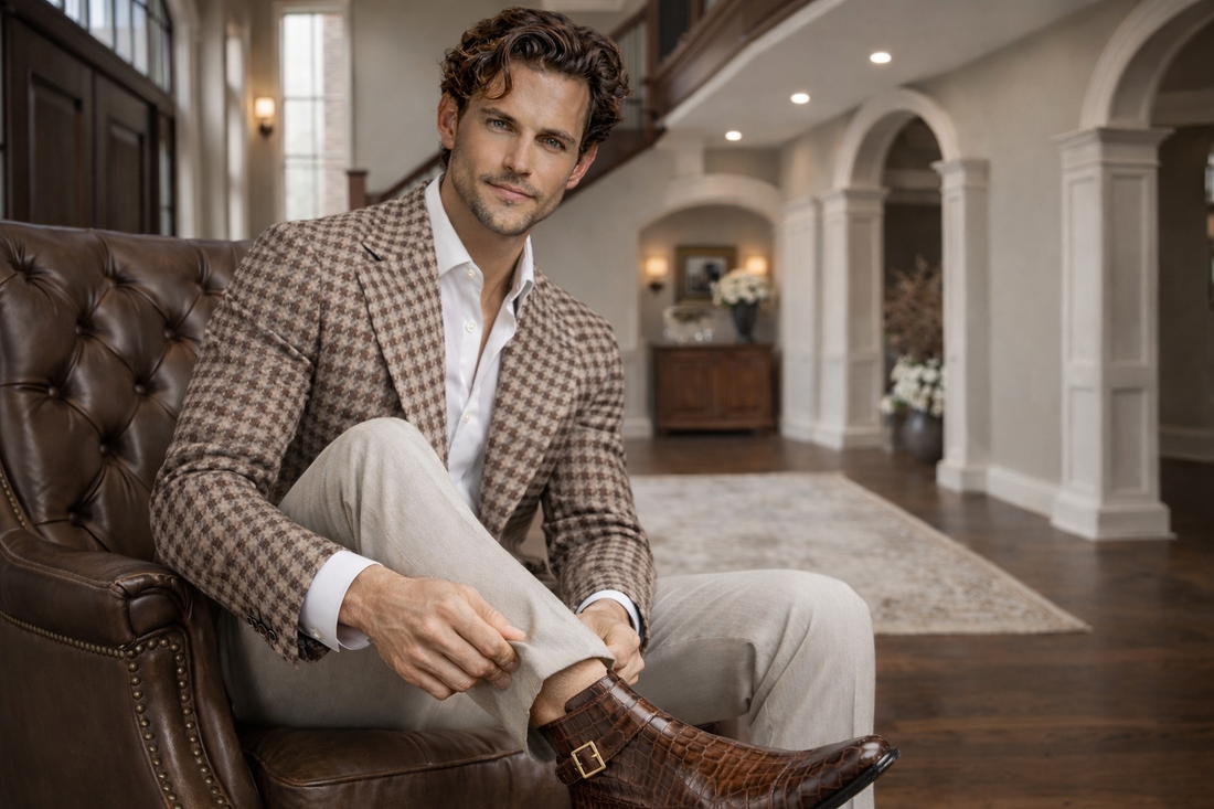 The Modern Gentleman’s Statement: The Chocolate Houndstooth Sport Coat & Crocodile Boots