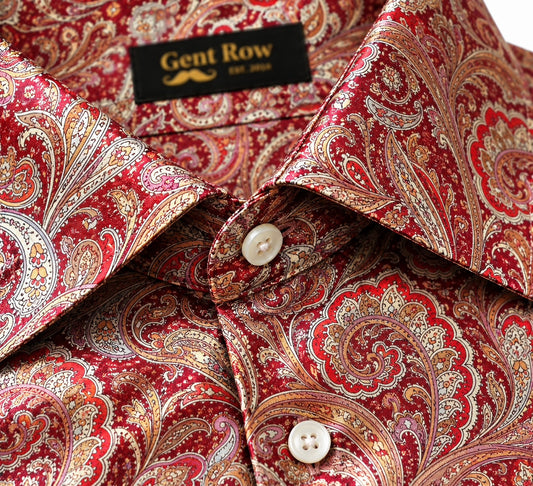 Gent Row 100% Satin Silk Button Down in Red Paisley Print