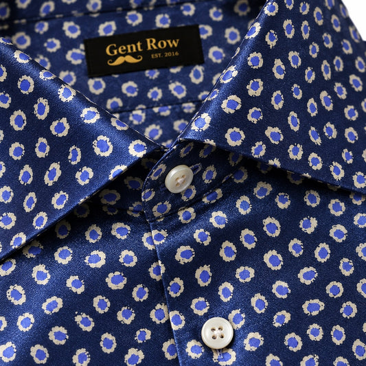 Gent Row 100% Satin Silk Button Down in Floral Blue Print