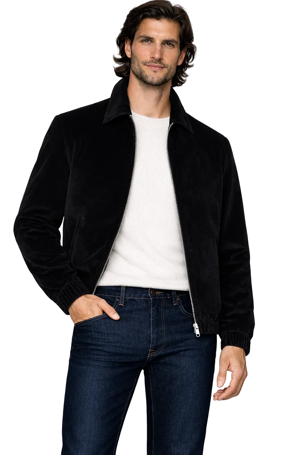 Fine Cotton Velour Corduroy Bomber Jacket in Black