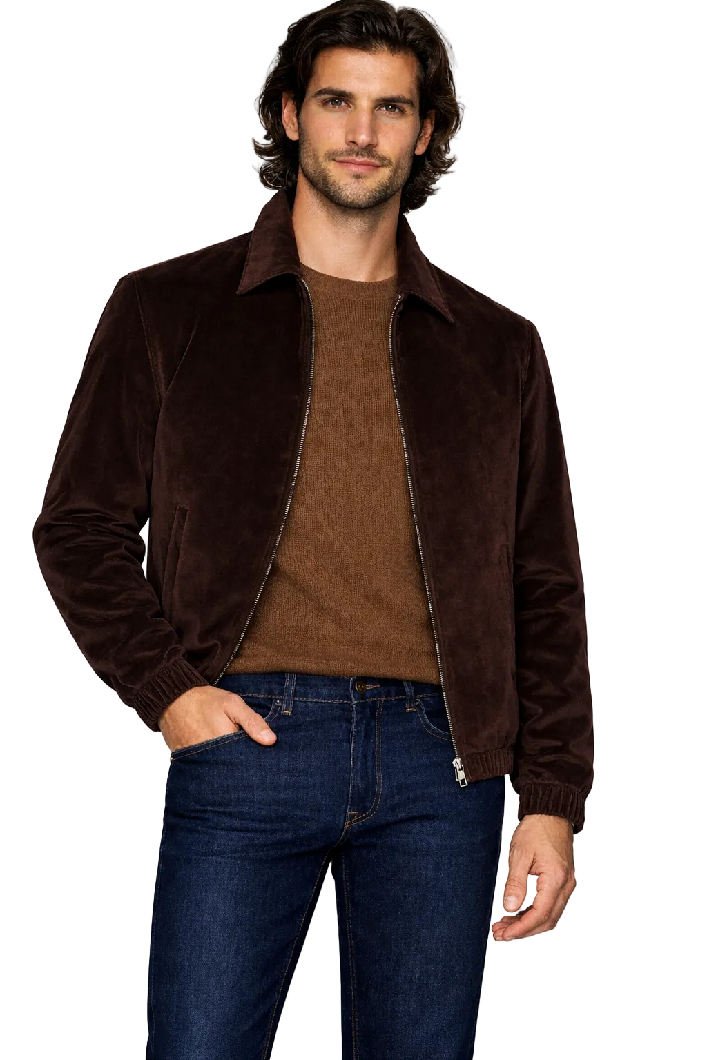Fine Cotton Velour Corduroy Bomber Jacket in Chocolate Brown
