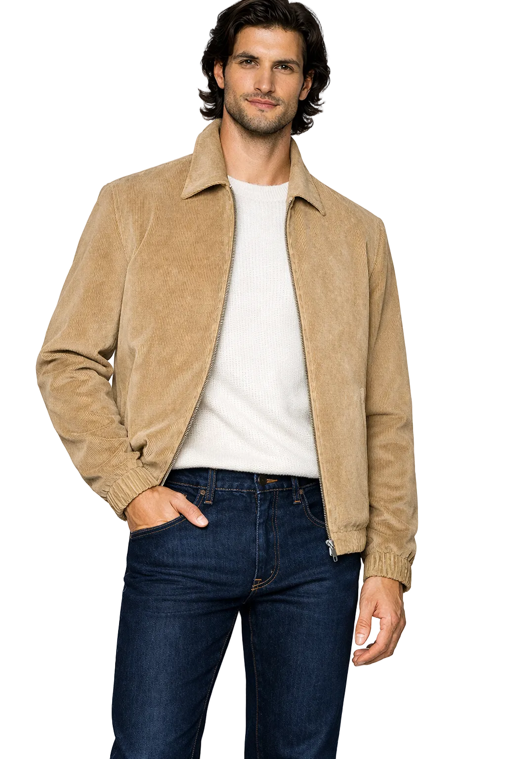 Fine Cotton Velour Corduroy Bomber Jacket in Tan