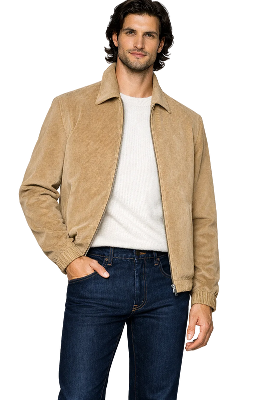 Fine Cotton Velour Corduroy Bomber Jacket in Tan