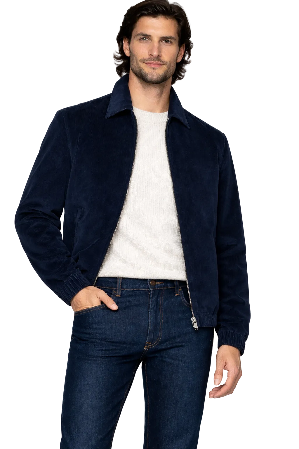 Fine Cotton Velour Corduroy Bomber Jacket in Navy