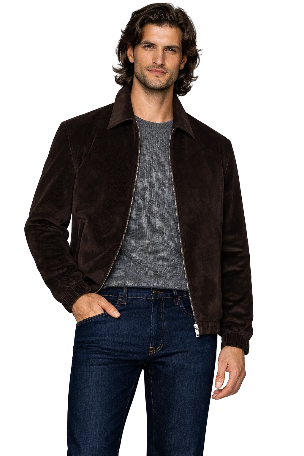 Fine Cotton Velour Corduroy Bomber Jacket in Grey