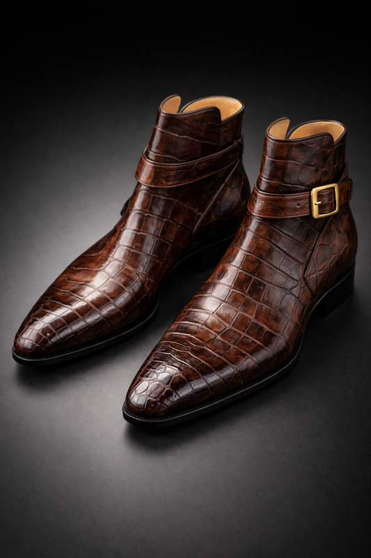 Gent Row Chocolate Brown Crocodile Embossed Chelsey Boots with Monk Strap