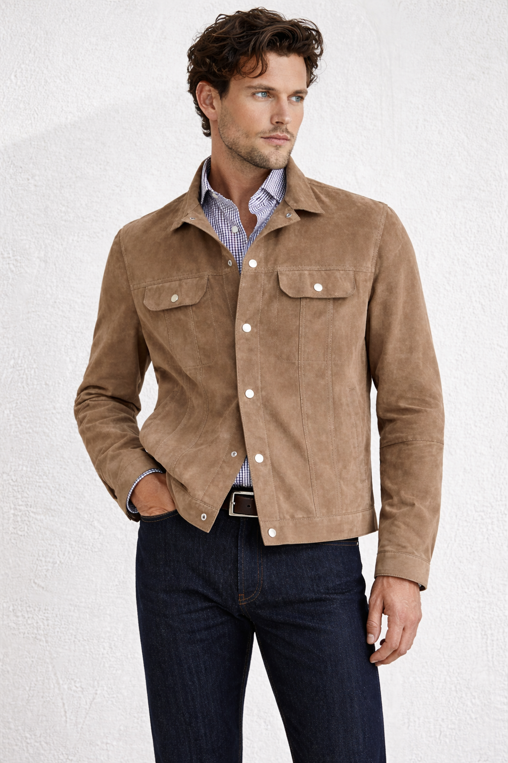 Lamb Suede Button Down Jacket in Hazelnut