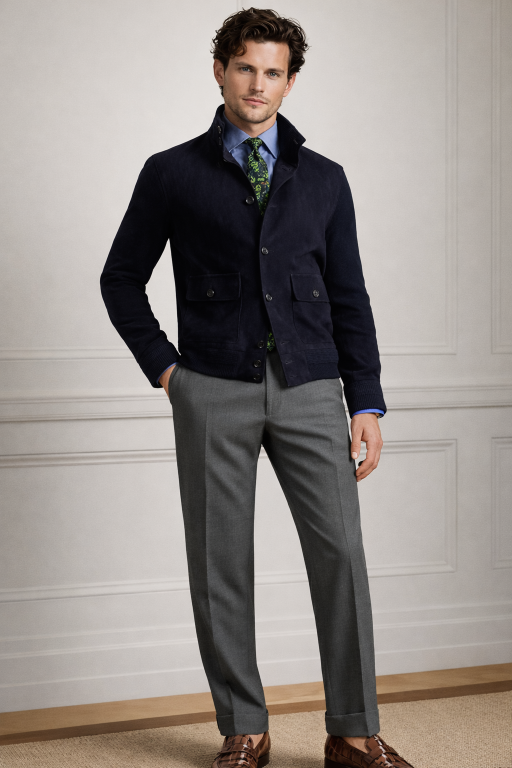 Lamb Suede Front Cashmere Cardigan in Navy