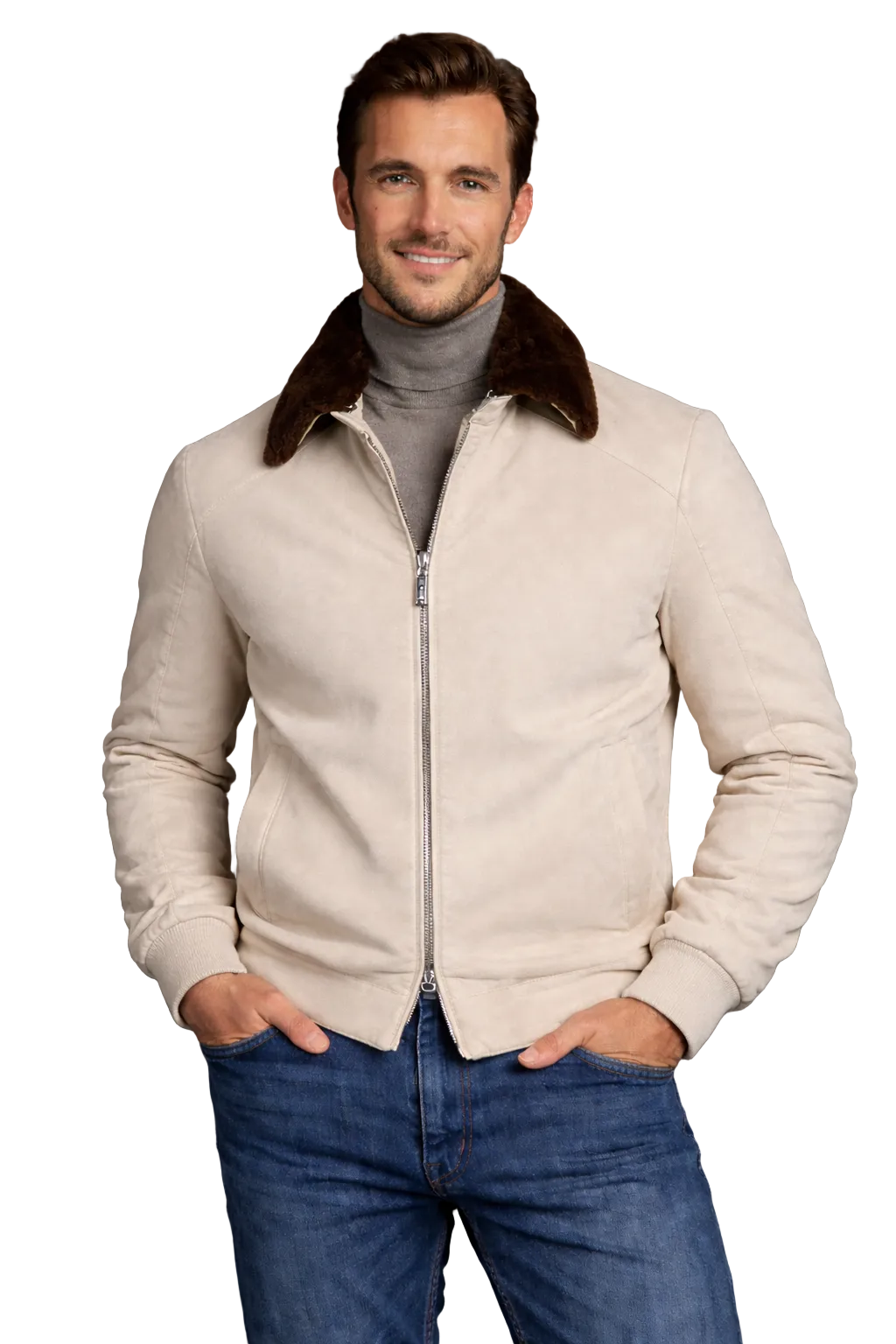 Cream Italian Lambskin Suede Bomber with Shearling Rabbit Fur Collar