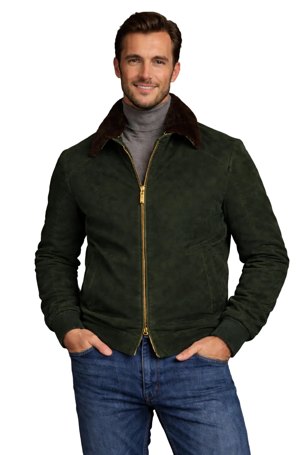 Forest Green Italian Lambskin Suede Bomber with Shearling Rabbit Fur Collar