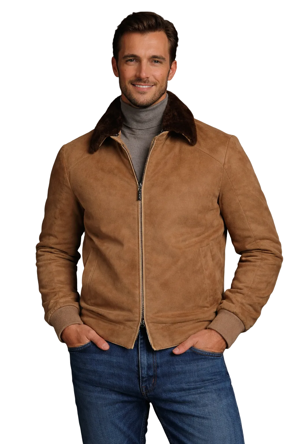 Tan Italian Lambskin Suede Bomber with Shearling Rabbit Fur Collar