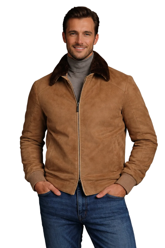 Tan Italian Lambskin Suede Bomber with Shearling Rabbit Fur Collar