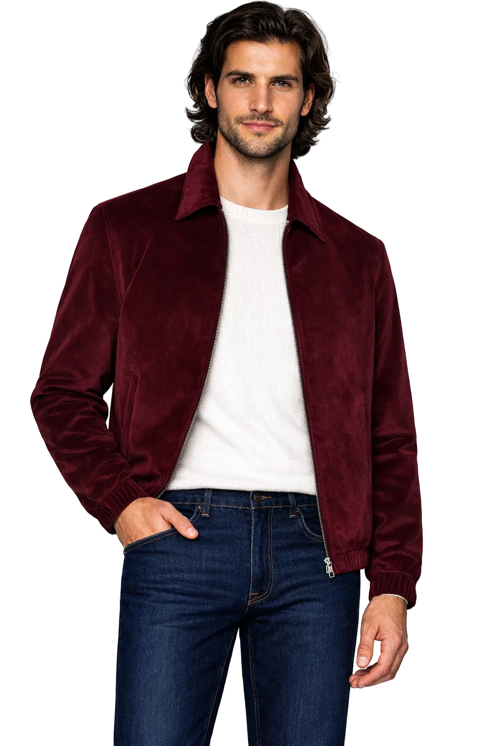 Fine Cotton Velour Corduroy Bomber Jacket in Burgundy
