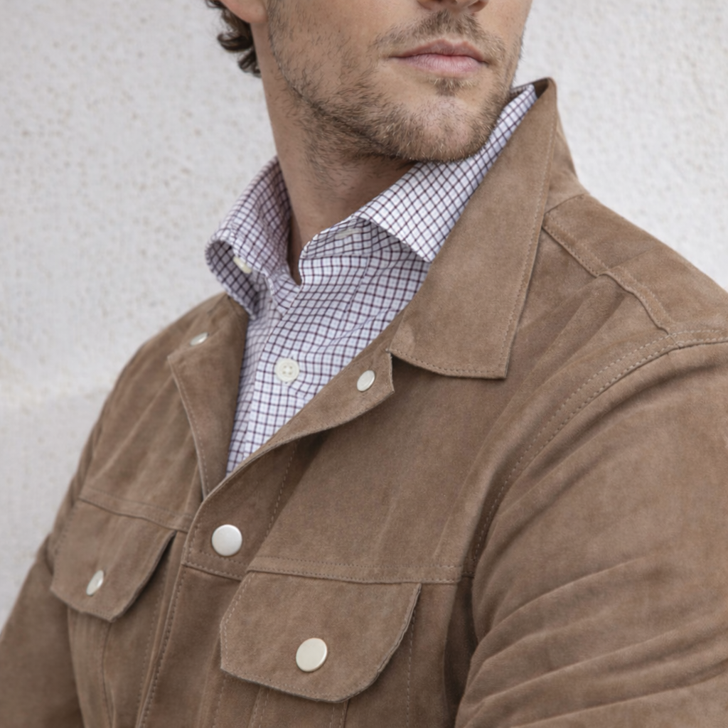 Lamb Suede Button Down Jacket in Hazelnut