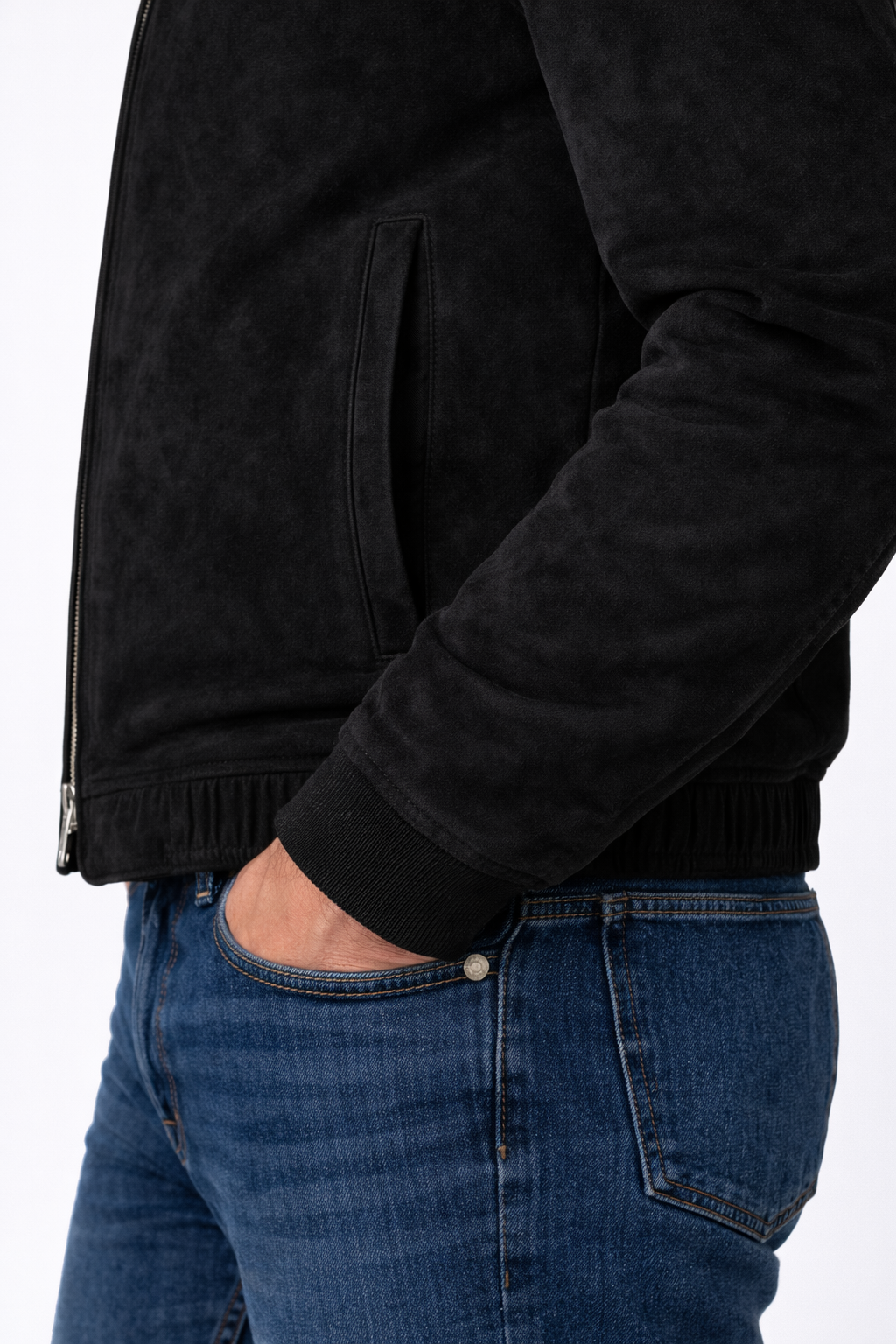 Black Italian Lambskin Suede Bomber with Shearling Rabbit Fur Collar