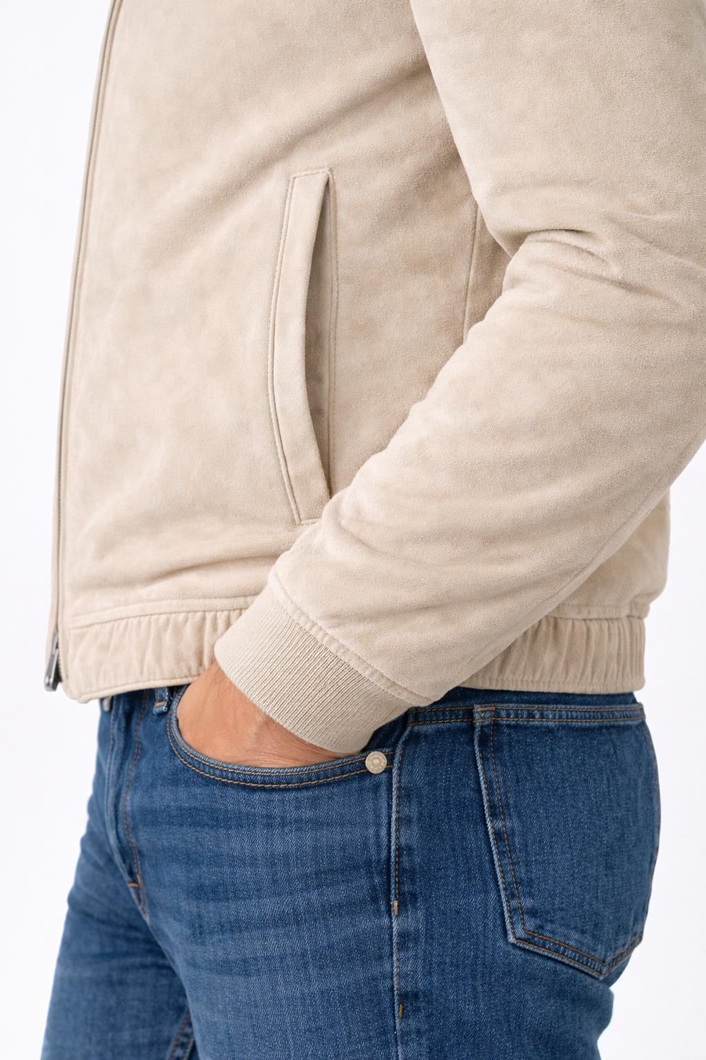 Cream Italian Lambskin Suede Bomber with Shearling Rabbit Fur Collar