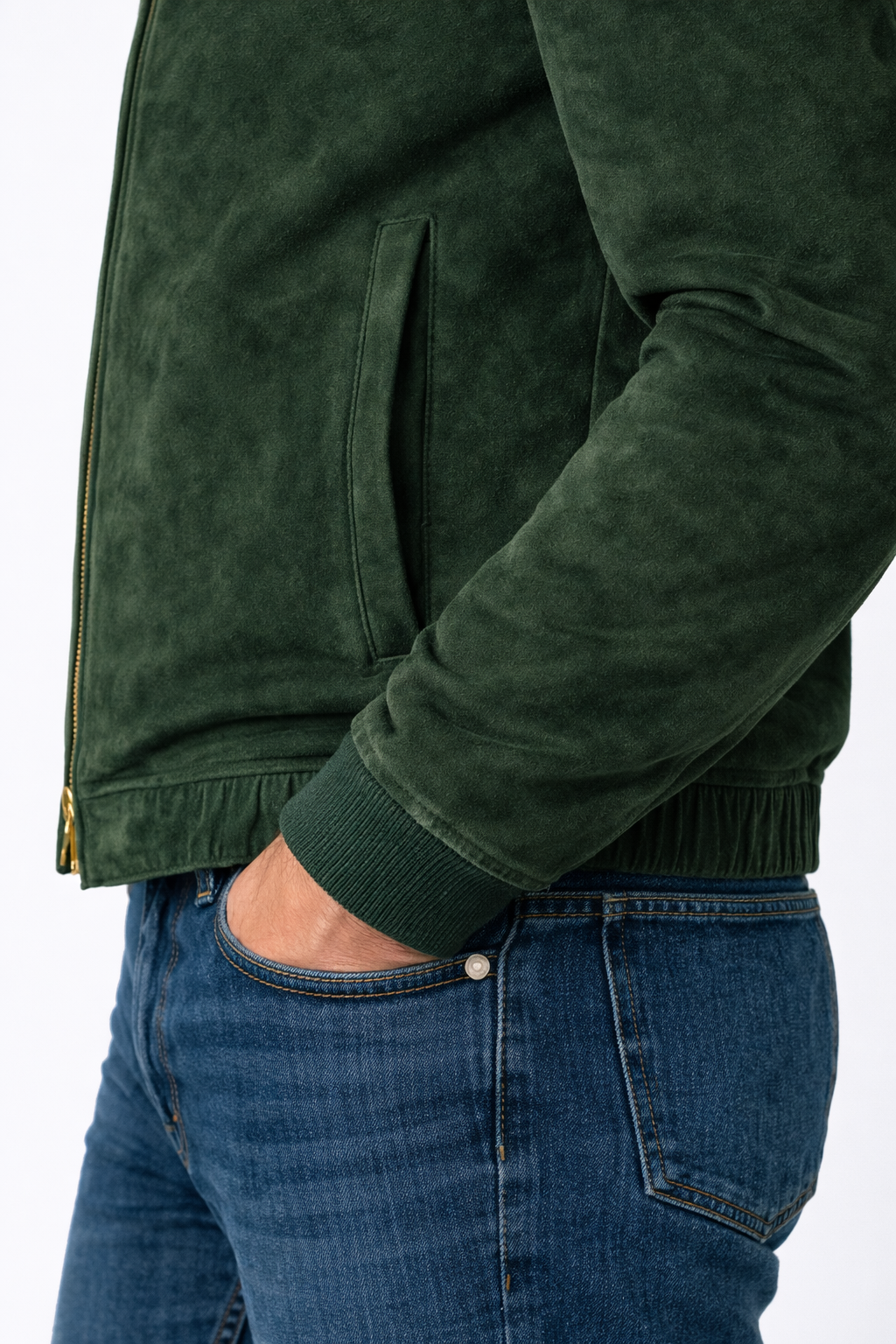 Forest Green Italian Lambskin Suede Bomber with Shearling Rabbit Fur Collar