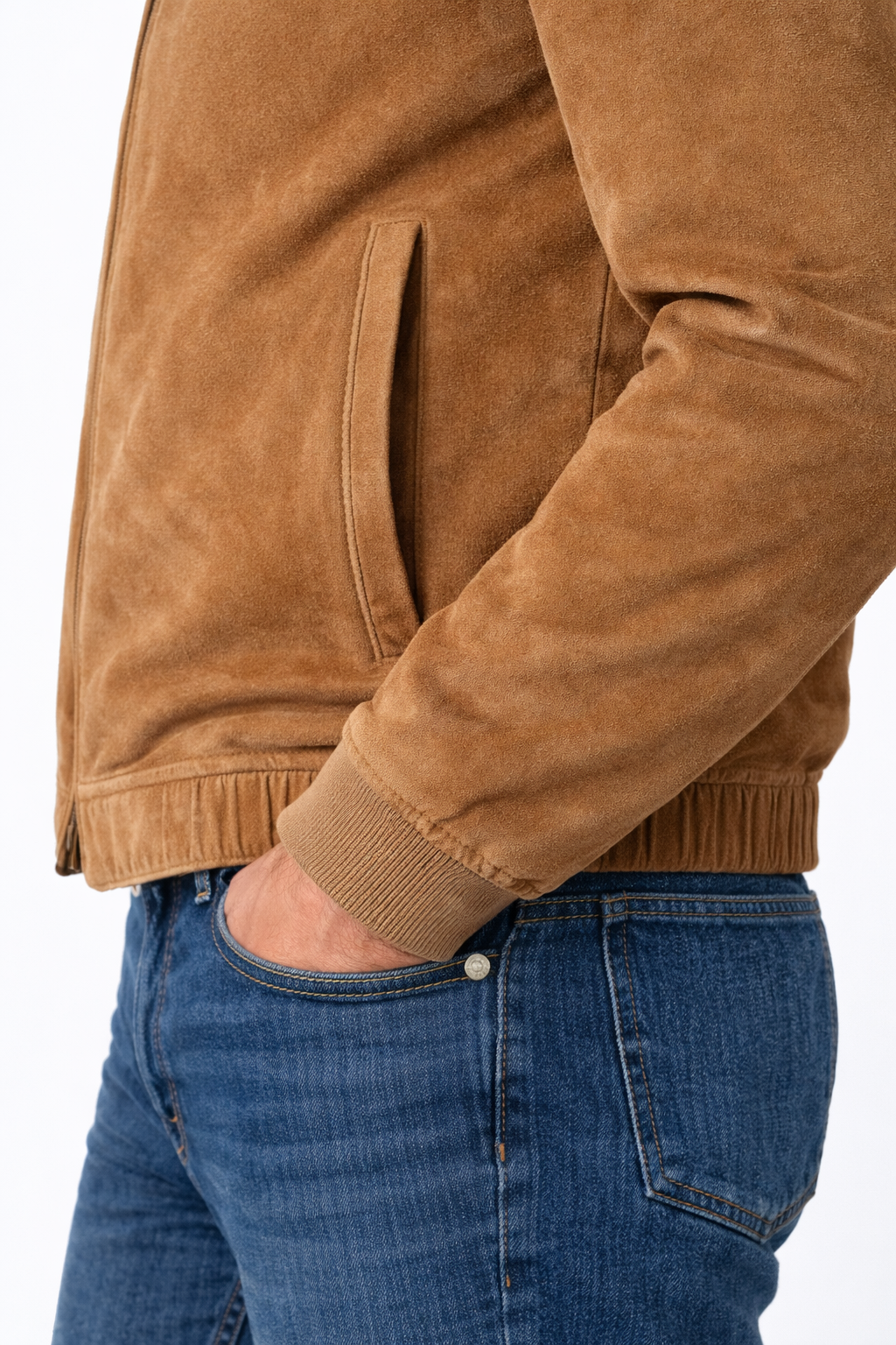 Tan Italian Lambskin Suede Bomber with Shearling Rabbit Fur Collar