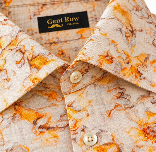 Gent Row Linen Orange Flame Design Button Down Shirt