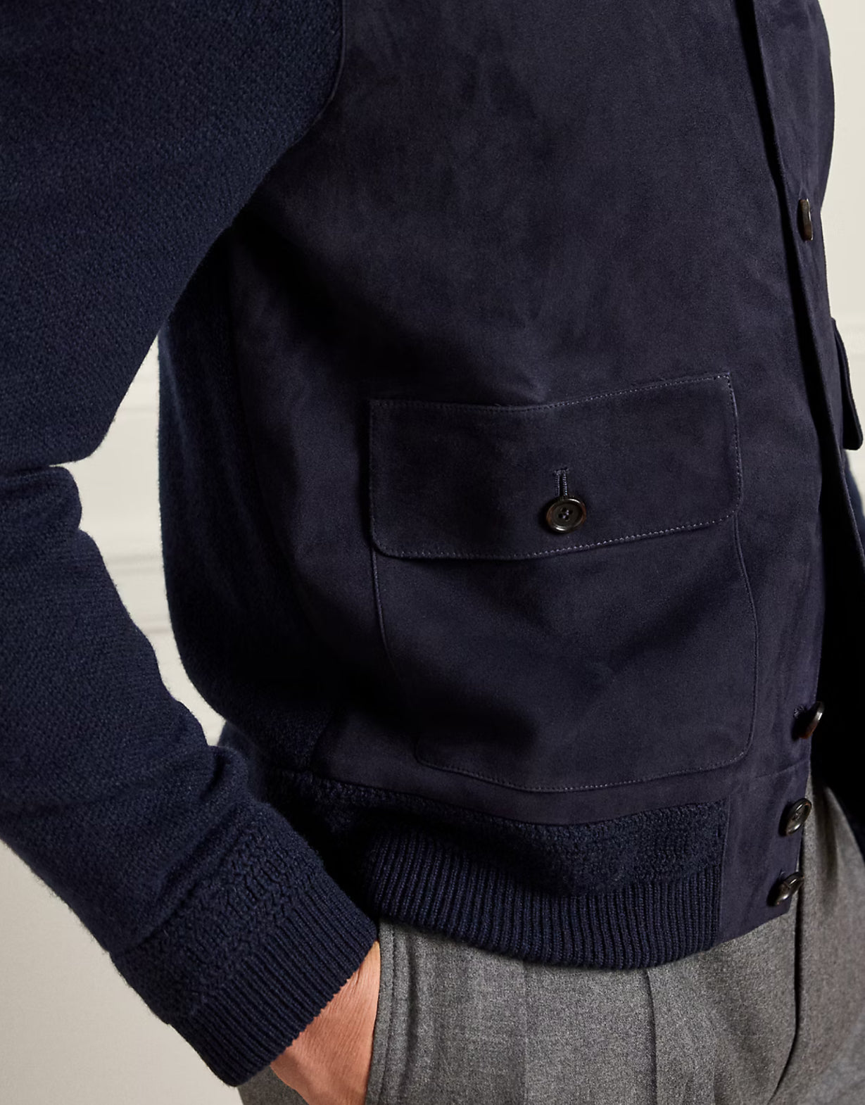 Lamb Suede Front Cashmere Cardigan in Navy