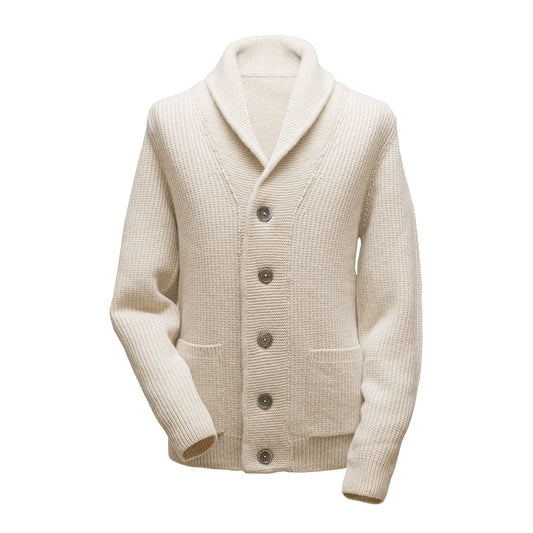 Gent Row Lambswool Shawl-Collar Cardigan in Cream