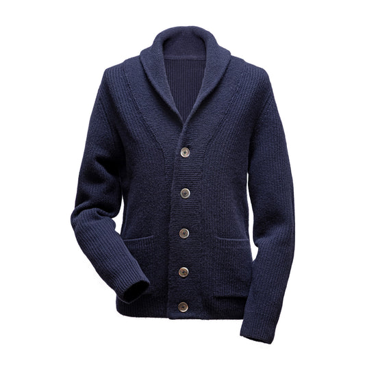 Gent Row Lambswool Shawl-Collar Cardigan in Navy