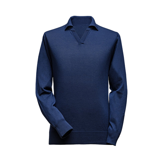 Gent Row Polo Long Sleeve, Organic Cotton & Mulberry Silk in Blue