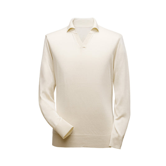 Gent Row Polo Long Sleeve, Organic Cotton & Mulberry Silk in Cream