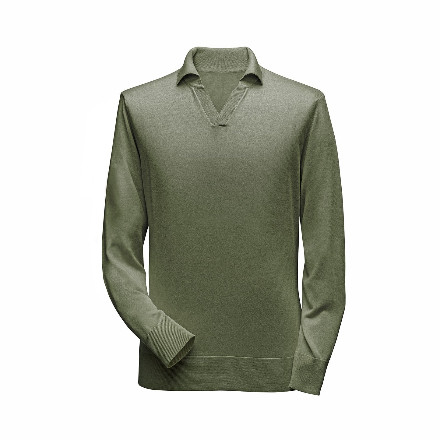 Gent Row Polo Long Sleeve, Organic Cotton & Mulberry Silk in Moss Green