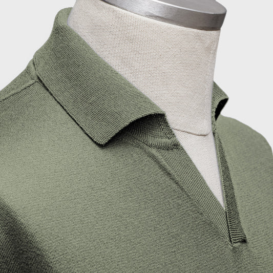 Gent Row Polo Long Sleeve, Organic Cotton & Mulberry Silk in Moss Green