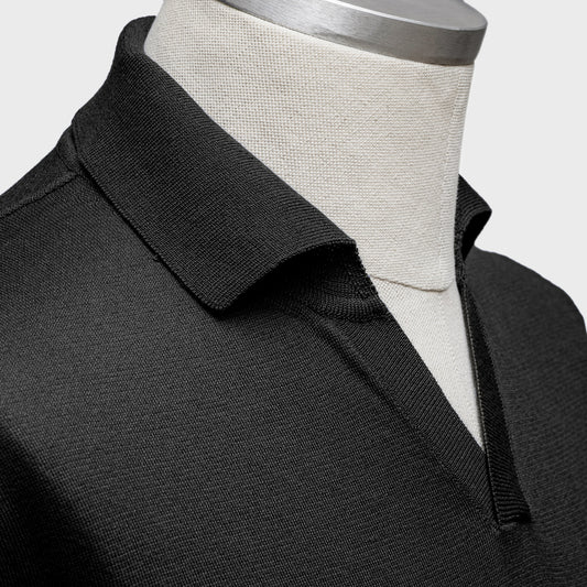 Gent Row Polo Long Sleeve, Organic Cotton & Mulberry Silk in Black
